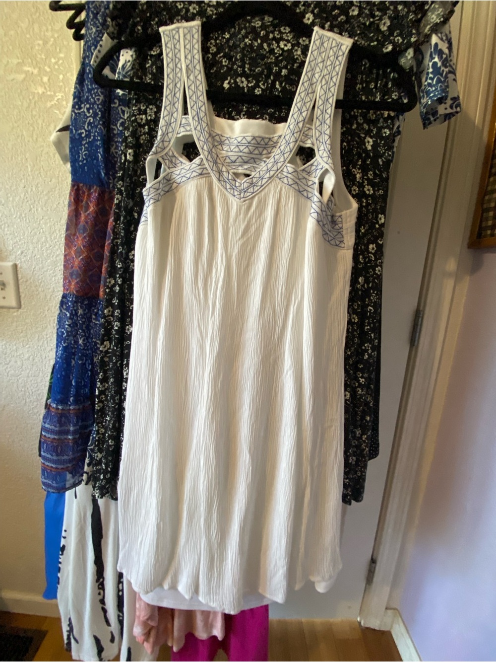 Maurices White Sleeveless Dress with Blue Embroidery